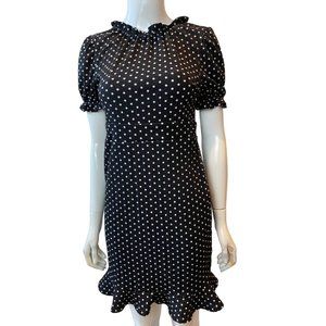 Monteau Women Polka Dots Bodycon Dress Puff Sleeve Peplum Hem Back Hole Black  M